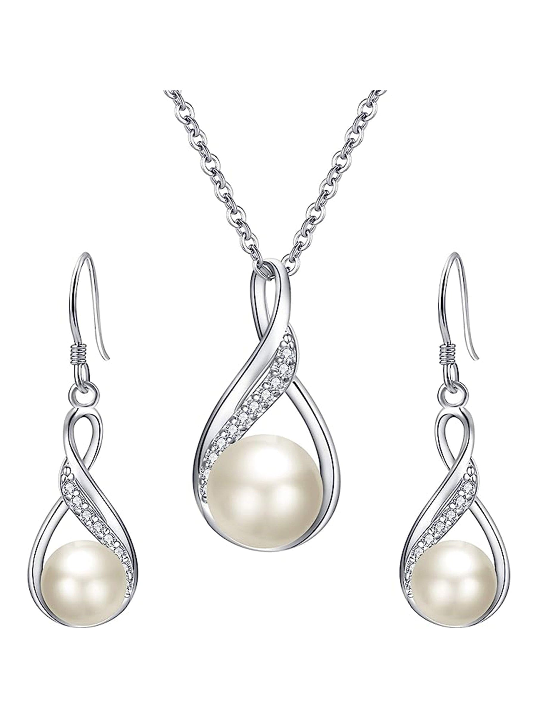 Delicate 925 Sterling Silver & Pearl Bridal Necklace Earrings Wedding Jewelry Sets