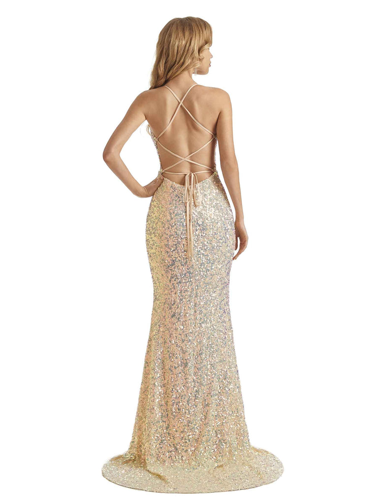 Sequin Sheath Spaghetti Straps V-neck Side slit Floor-length Long Party Prom Dresses