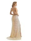 Sequin Sheath Spaghetti Straps V-neck Side slit Floor-length Long Party Prom Dresses