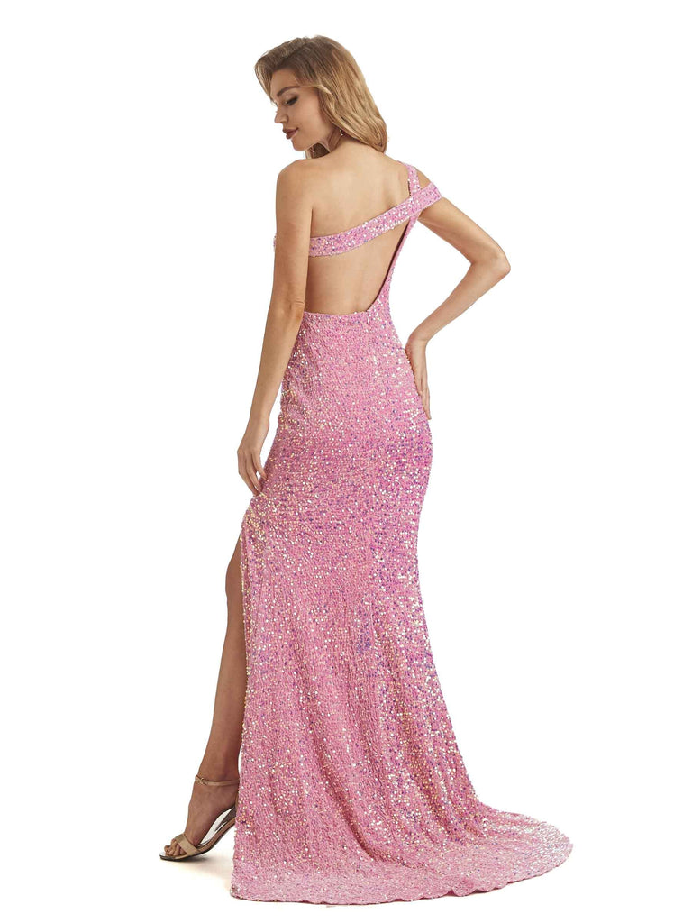 Sequin Mermaid One shoulder Side slit Floor-length Long Party Prom Dresses