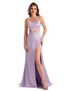 Sexy Soft Satin Side Slit Spaghetti Straps Mermaid Long Unique Bridesmaid Gowns UK