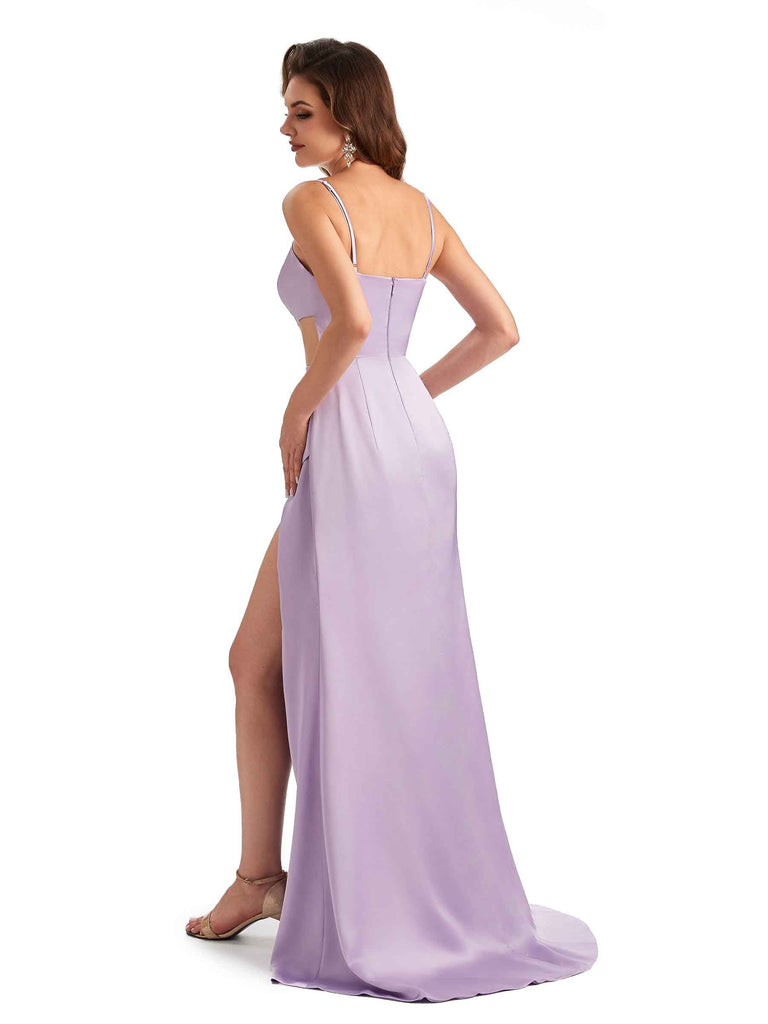 Sexy Soft Satin Side Slit Spaghetti Straps Mermaid Long Unique Bridesmaid Gowns UK