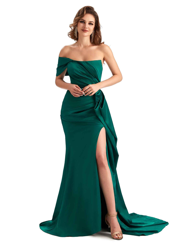 Sexy Side Slit Mermaid Silky Satin One Shoulder Unique Long Maid of Honor Dresses