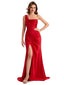 Sexy One Shoulder Side Slit Silky Satin Chic Long Mermaid Matron of Honor Dresses UK