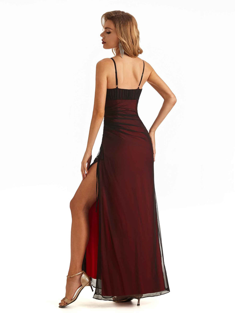 Sexy Dark Red Mermaid Spaghetti Straps Side Slit Floor-length Slip Prom Dresses