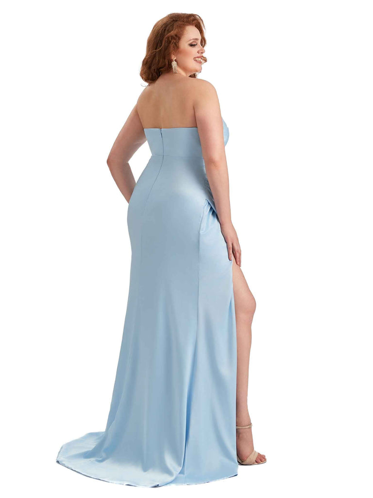 Sexy Side Slit Strapless Mermaid Soft Satin Long Plus Size Maid of Honour Dresses