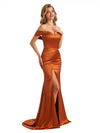 Elegant Off The Shoulder Satin Side Slit Mermaid Maxi Long Bridesmaid Dresses Online
