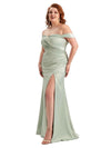Sexy Side Slit Off The Shoulder Mermaid Soft Satin Long Plus Size Bridesmaid Gowns UK