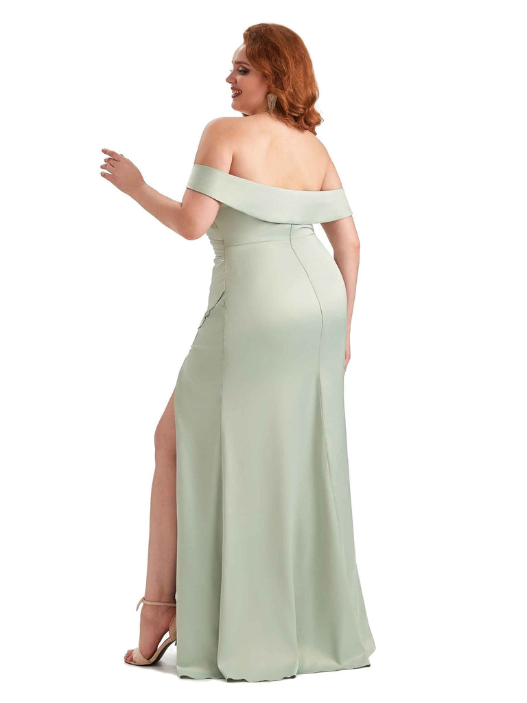 Sexy Side Slit Off The Shoulder Mermaid Soft Satin Long Plus Size Bridesmaid Gowns UK