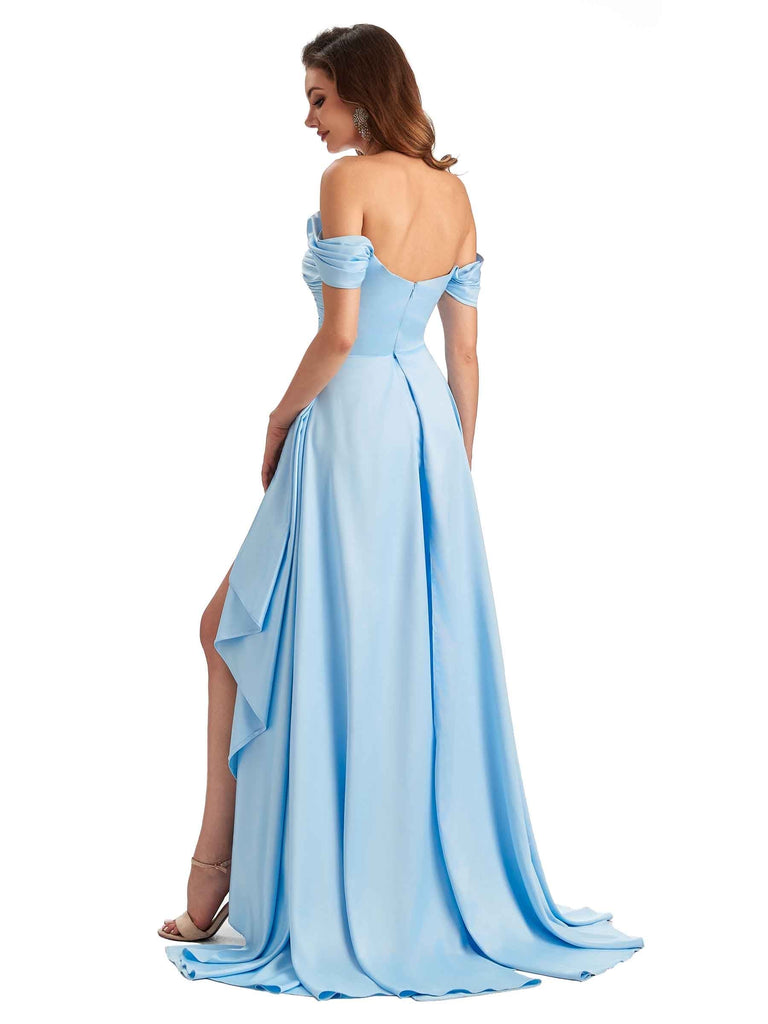Sexy Side Slit Mermaid Soft Satin Off The Shoulder Long Bridesmaid Dresses