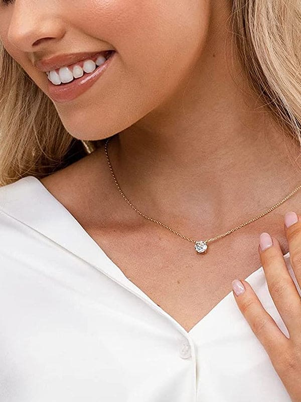 14K Gold Plated Crystal Solitaire 1.5 Carat CZ Dainty Choker Necklace for Women