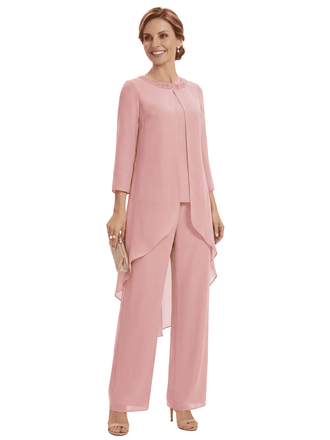 Stylish 3/4 Sleeve Mother of The Bride Two-Piece Set Fancy Chiffon Pantsuit with Beaded Neckline Detail