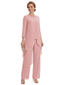 Stylish 3/4 Sleeve Mother of The Bride Two-Piece Set Fancy Chiffon Pantsuit with Beaded Neckline Detail