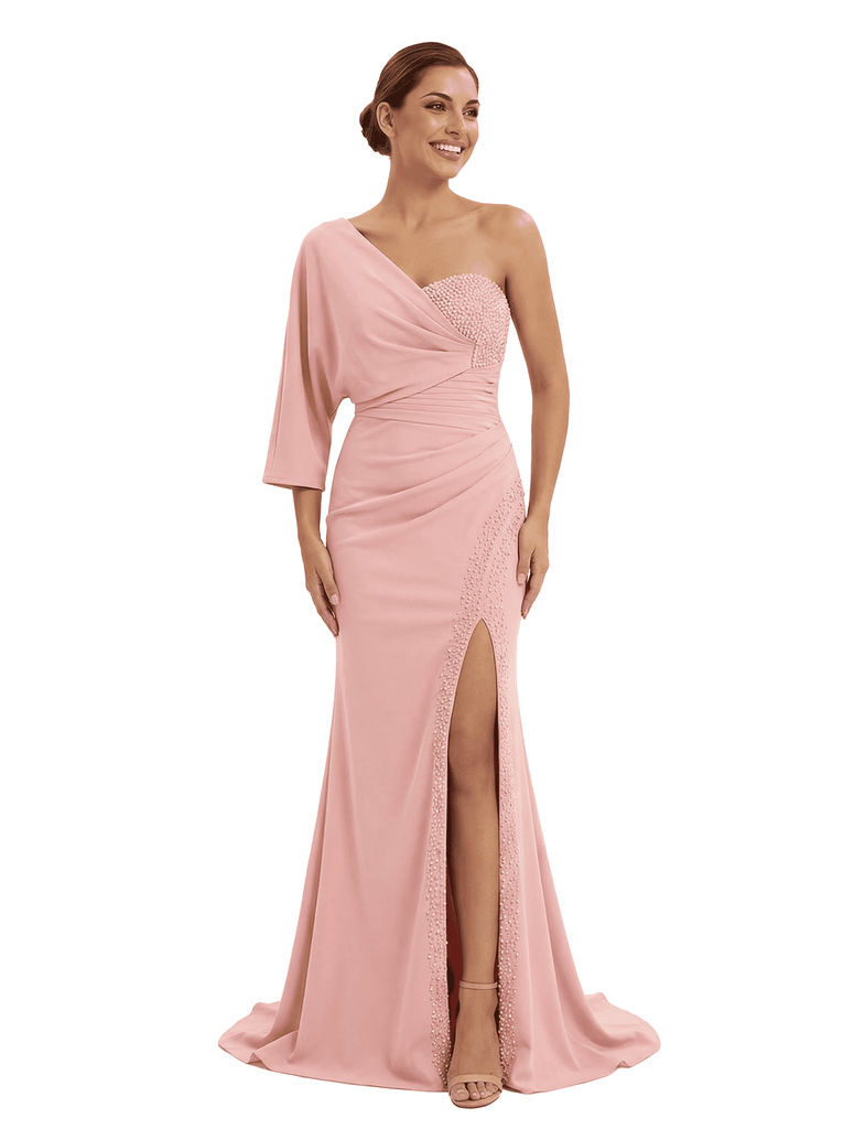 Chicsew Modern Mother of The Bride Dress One Shoulder Half Sleeve Fitted Floor Length Satin with Beaded Classy Elegant Formal Gown