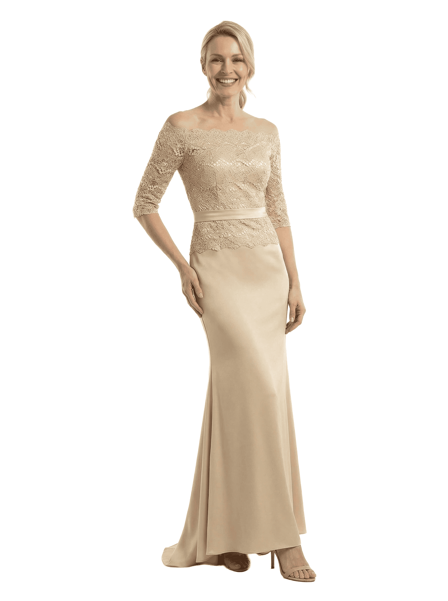 Chicsew Off Shoulder 3/4 Sleeves Mother Of The Bride Dress Maxi Mermaid Satin Gown with Lace Applique