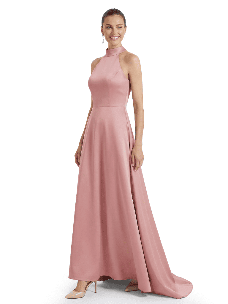 Sleek Halter Neck Sleeveless Mother of The Bride Dress Modern Satin Maxi Gown with Timeless Fitted-to-Flared Shape