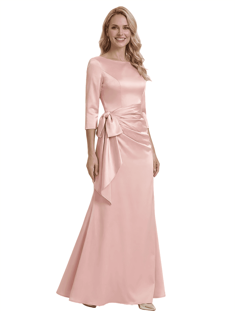 Mother of The Groom Dress Jewel Long Sleeves Bow Ruched Satin Mermaid Gown Classy Modern Formal Bride Mother Attire
