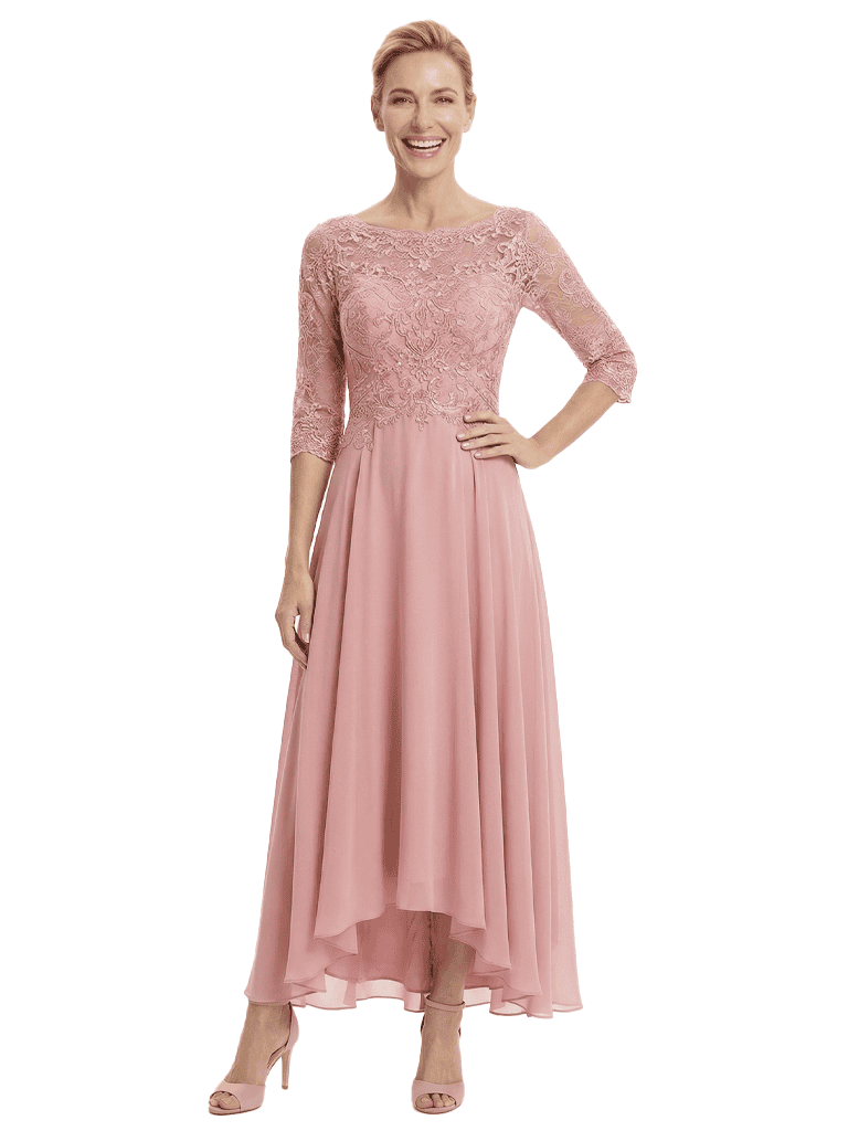 Elegant Lace 3/4 Sleeve Mother of The Groom Dress Pretty High-Low Chiffon Gown with Flowy Silhouette