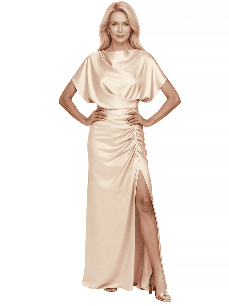 Elegant Soft Satin Short Sleeves Side Slit Mermaid Floor Length Mother Of The Bride Dresses
