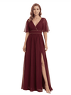 Elegant Flutter Sleeve V-Neck Chiffon Side Slit A-line Long Mother of The Bride Dresses