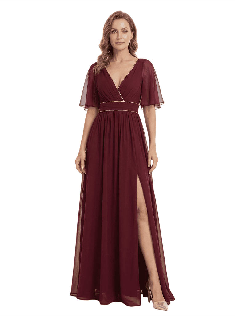 Elegant Flutter Sleeve V-Neck Chiffon Side Slit A-line Long Mother of The Bride Dresses