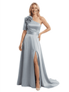 Stylish One Shoulder Short Sleeve Mother of The Bride Dress Side Slit A-Line Satin Fitted Maxi Gown