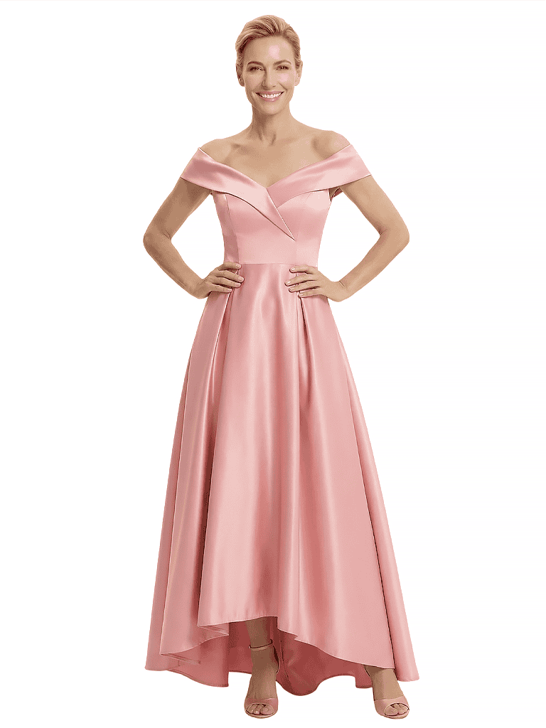 Elegant Off Shoulder Sleeveless Mother of The Bride Dress Satin A-Line High-Low Gown