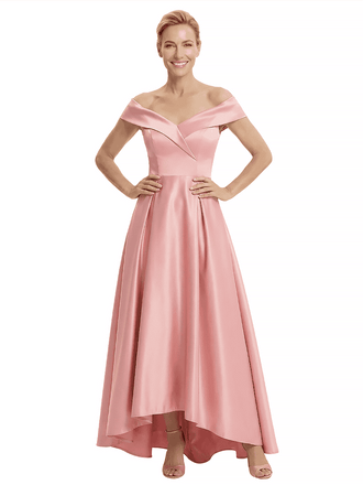 Elegant Off Shoulder Sleeveless Mother of The Bride Dress Satin A-Line High-Low Gown