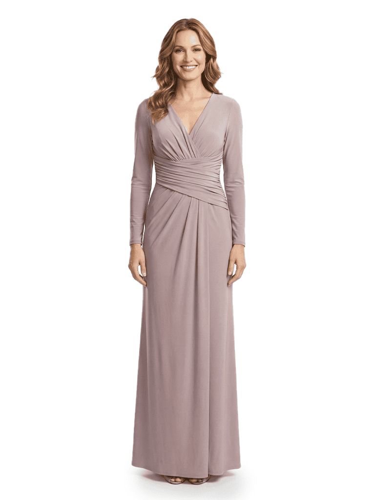 Mother of The Bride Dress Long Sleeve V-Neck Ruched Maxi Pretty Timeless Formal Wedding Guest Gown