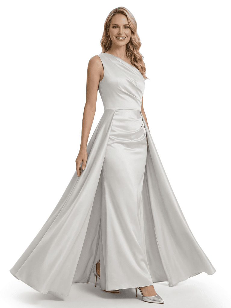 Sexy Mother of The Bride Dress Unique One Shoulder Satin Fitted Long Draped Formal Mermaid Gown