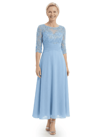Mother of The Bride Gown Half Sleeve Lace Bodice Chiffon A-Line Ankle-Length Beautiful Elegant Formal Event Attire