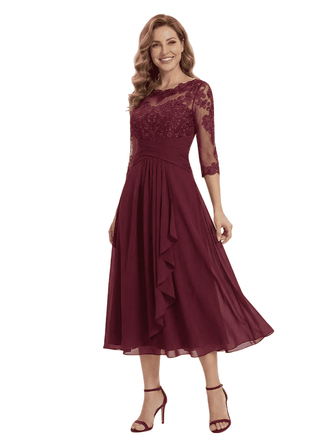 Pretty Scoop Neck Long Lace Chiffon Mother of The Groom Dress Tea-Length A-Line Gown with Ruffle