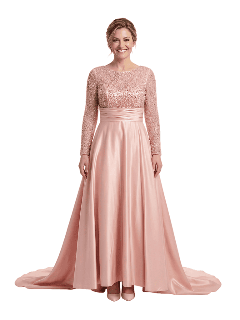 Mother of The Bride Dress Scoop Long Sleeve Sequin Satin Floor-Length Gown Wedding Guest Attire
