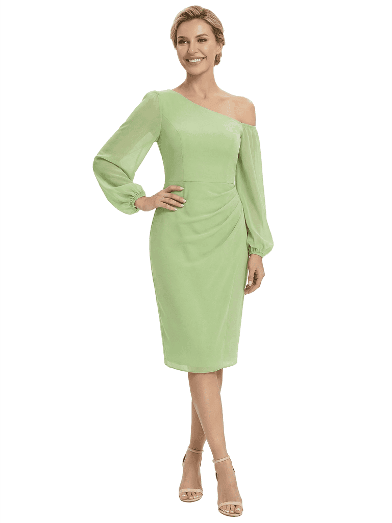 Chicsew Modern One Shoulder Knee-Length Long Sleeves Sheath Ruched Chiffon Mother Of The Bride Dresses