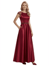Elegant Scoop Cap Sleeve Satin A-Line Floor-Length For Mother Of The Bride with Pocket