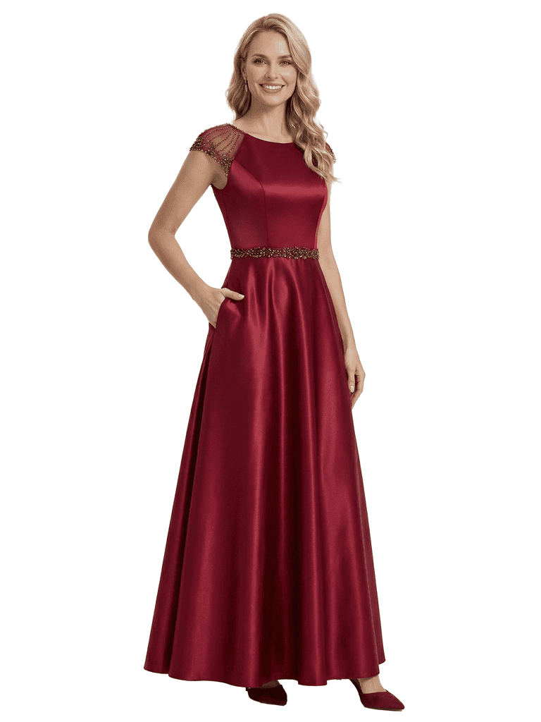 Elegant Scoop Cap Sleeve Satin A-Line Floor-Length For Mother Of The Bride with Pocket