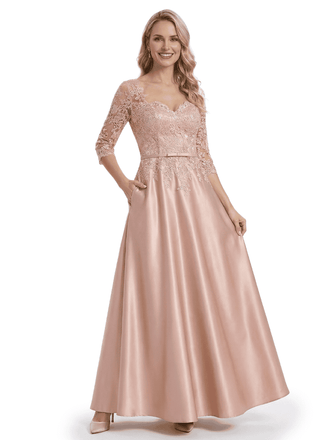 Beautiful Lace 3/4 Sleeve Mother of The Bride Dress Fancy A-Line Satin Maxi Gown with Belted Waist Design