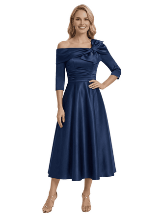 Mother of The Groom Gown Off Shoulder Long Sleeve Bow Satin Tea-Length A-Line Dress Trendy Wedding Guest Attire