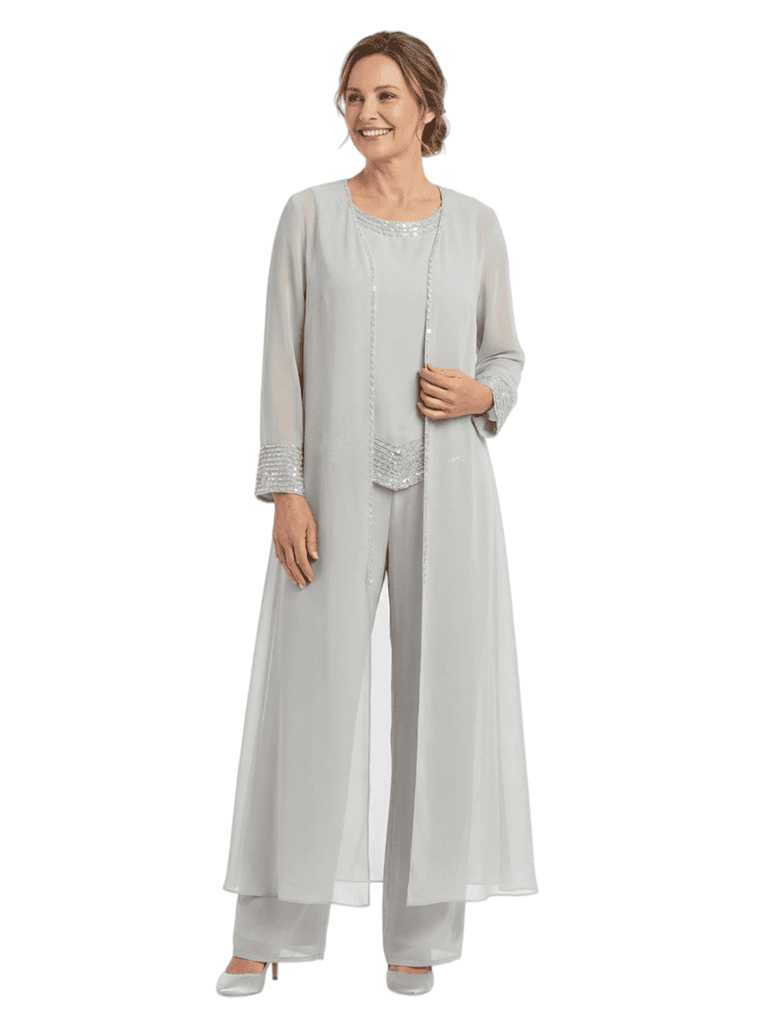 Chicsew Round Neck Chiffon Mother Of The Bride Three Piece Jumpsuit Beaded Formal Mother Of Bride Pantsuits