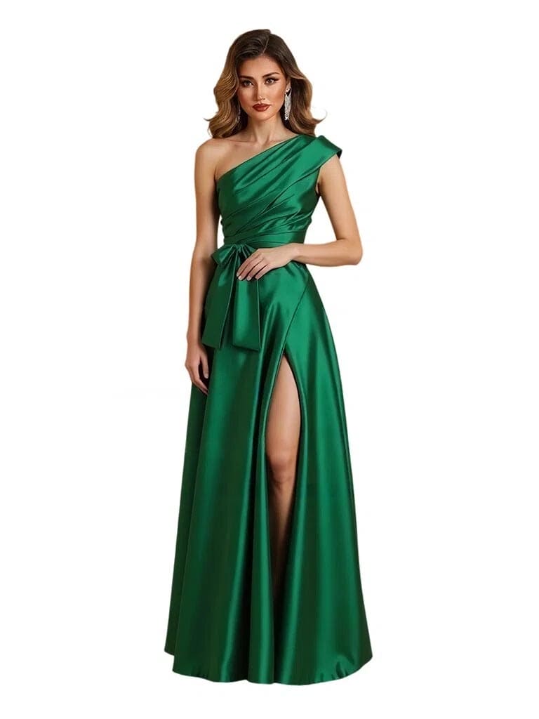 Elegant One Shoulder Silky Satin A-Line Floor-Length Mother Of The Bride Dresses Side Slit