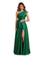 Elegant One Shoulder Silky Satin A-Line Floor-Length Mother Of The Bride Dresses Side Slit