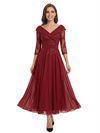 Chicsew Unique V-Neck 3/4 Sleeve Lace Sequin Mother of The Groom Dress Flowy Midi Chiffon Fancy Formal Gown
