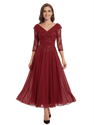 Chicsew Unique V-Neck 3/4 Sleeve Lace Sequin Mother of The Groom Dress Flowy Midi Chiffon Fancy Formal Gown