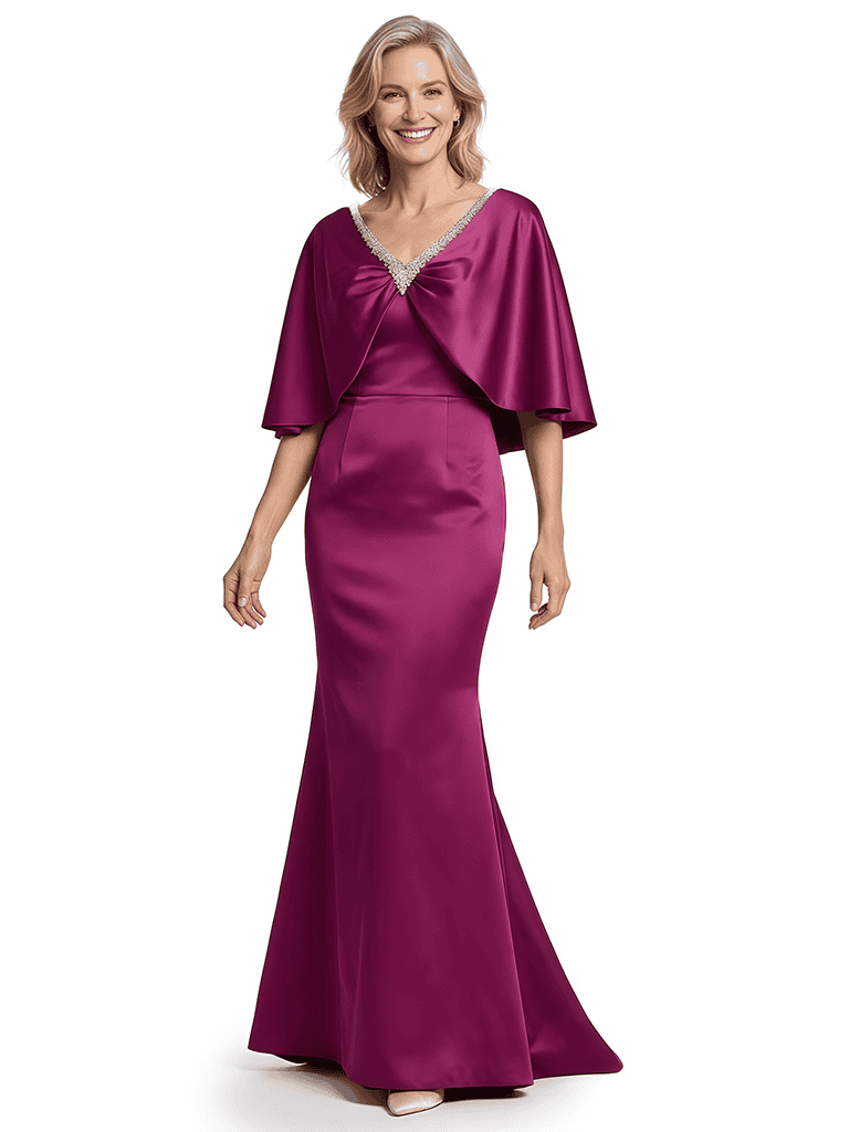 Chic V-Neck Cape Sleeve Satin Mother of The Groom Dress Floor-Length MermaidSophisticated Wedding Event Outfit