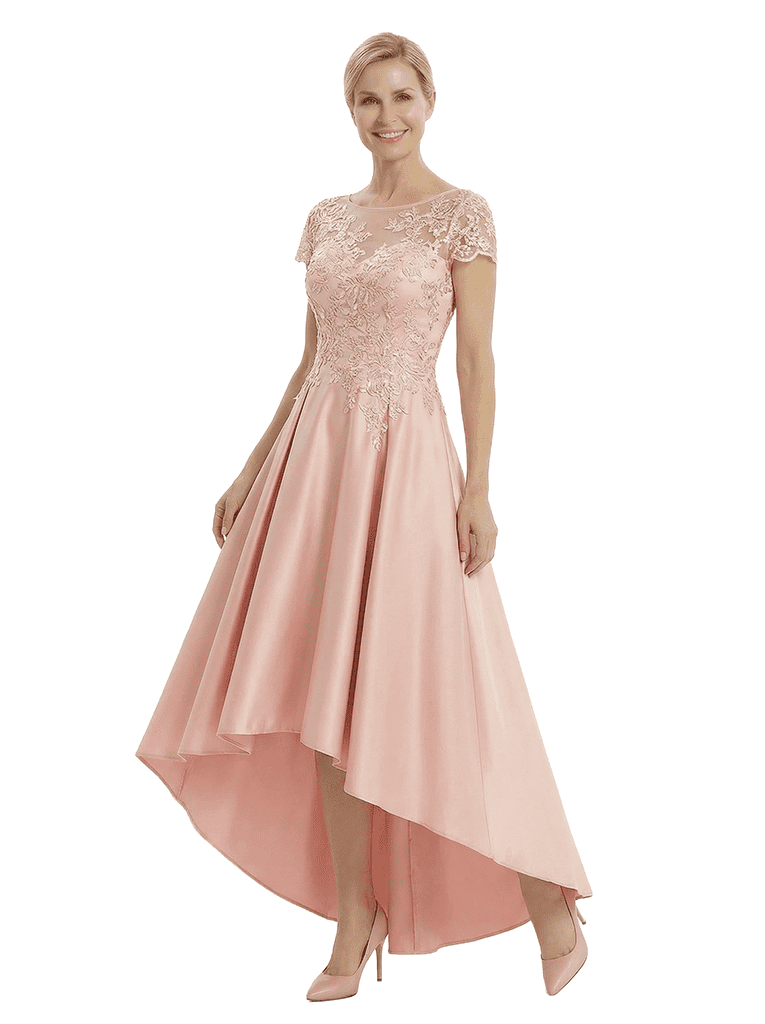 Chicsew Elegant Mother of The Bride Dress Scoop Short Sleeve Lace Satin High-Low A-Line Gown