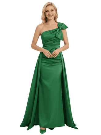 Chicsew One Shoulder Bow Ruched Satin Mermaid Mother Of The Bride Dresses With Overskirt