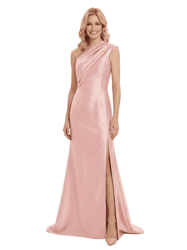 Mother of The Groom One Shoulder Sleeveless Ruffled Satin Side Slit Mermaid Floor Length Formal Bride Mother Wear