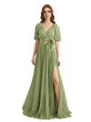 Casual Chiffon V-neck Half Sleeves A-Line Long Mother of The Bride Dresses Side Slit