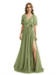 Casual Chiffon V-neck Half Sleeves A-Line Long Mother of The Bride Dresses Side Slit