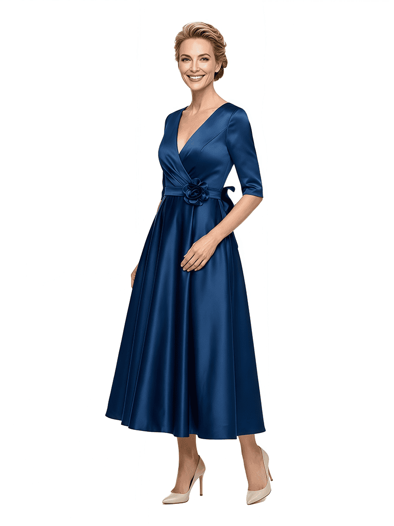Classy Mother of The Bride Dress Fancy Satin Long Sleeve Fit-and-Flare Tea-Length Wrap Formal Dress